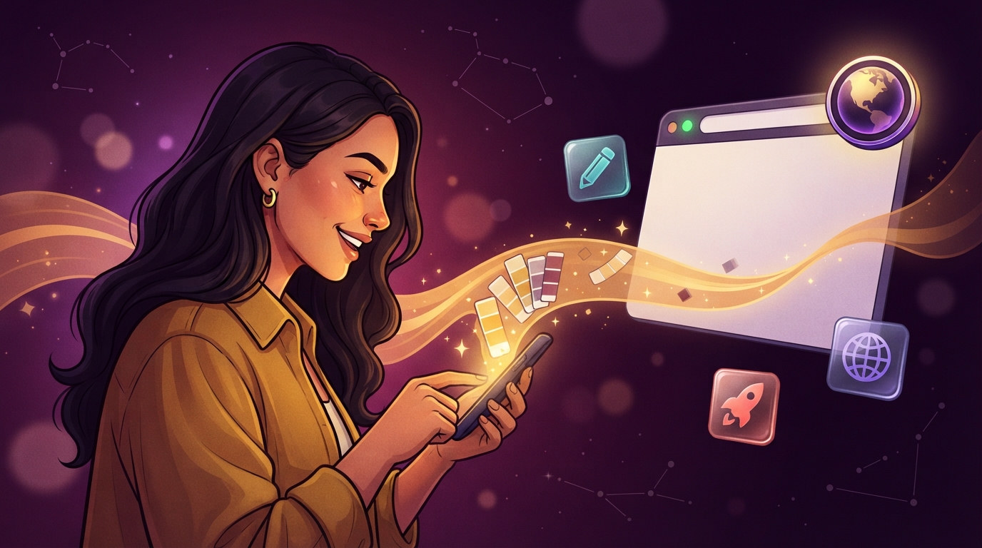 A jewellery maker grinning at her phone; a gold stream of colour swatches and sparkles flows into a live website with a glowing globe