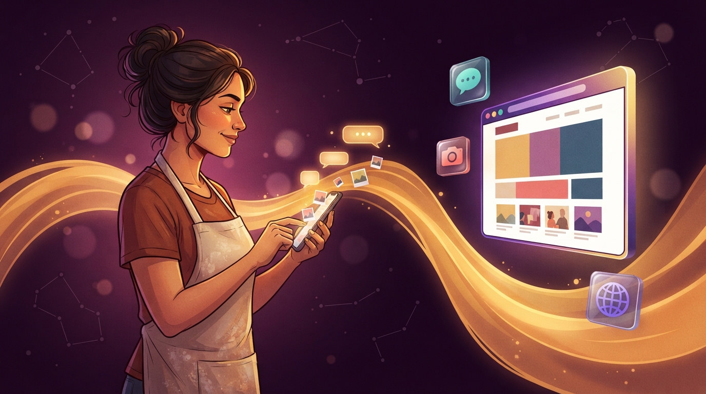 A ceramicist in an apron thumbing a message on her phone; a gold stream of chat bubbles and small photos flows from the phone into a finished website