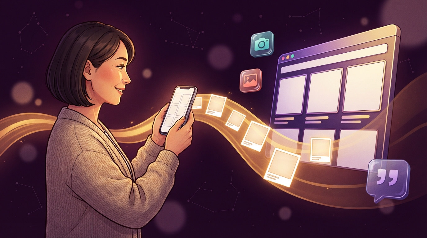 A candle maker holding up a phone showing a grid of photos; a gold stream of small photo cards flows into a website gallery