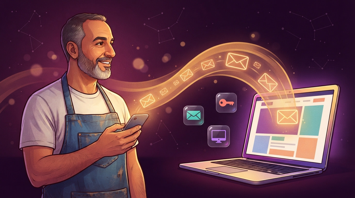 A furniture maker holding his phone; a gold stream of small envelopes flows from the phone to an open laptop showing a website