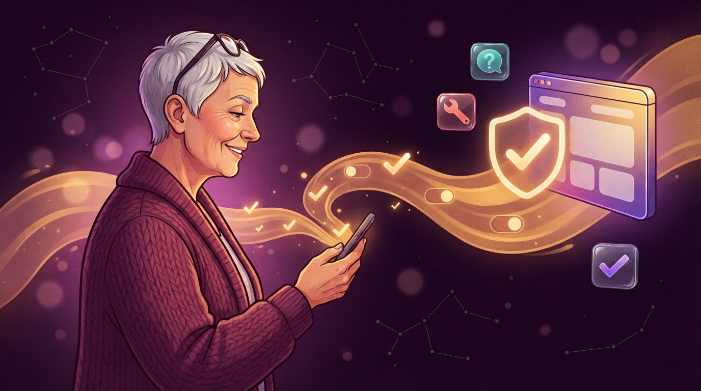 A weaver smiling at her phone; a gold stream of small checkmarks flows from the phone to a glowing shield with a tick beside a website