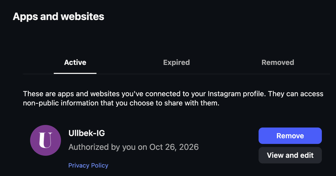 Instagram's Apps and websites settings, Active tab, showing Ullbek-IG authorized by you, with Remove and View and edit buttons