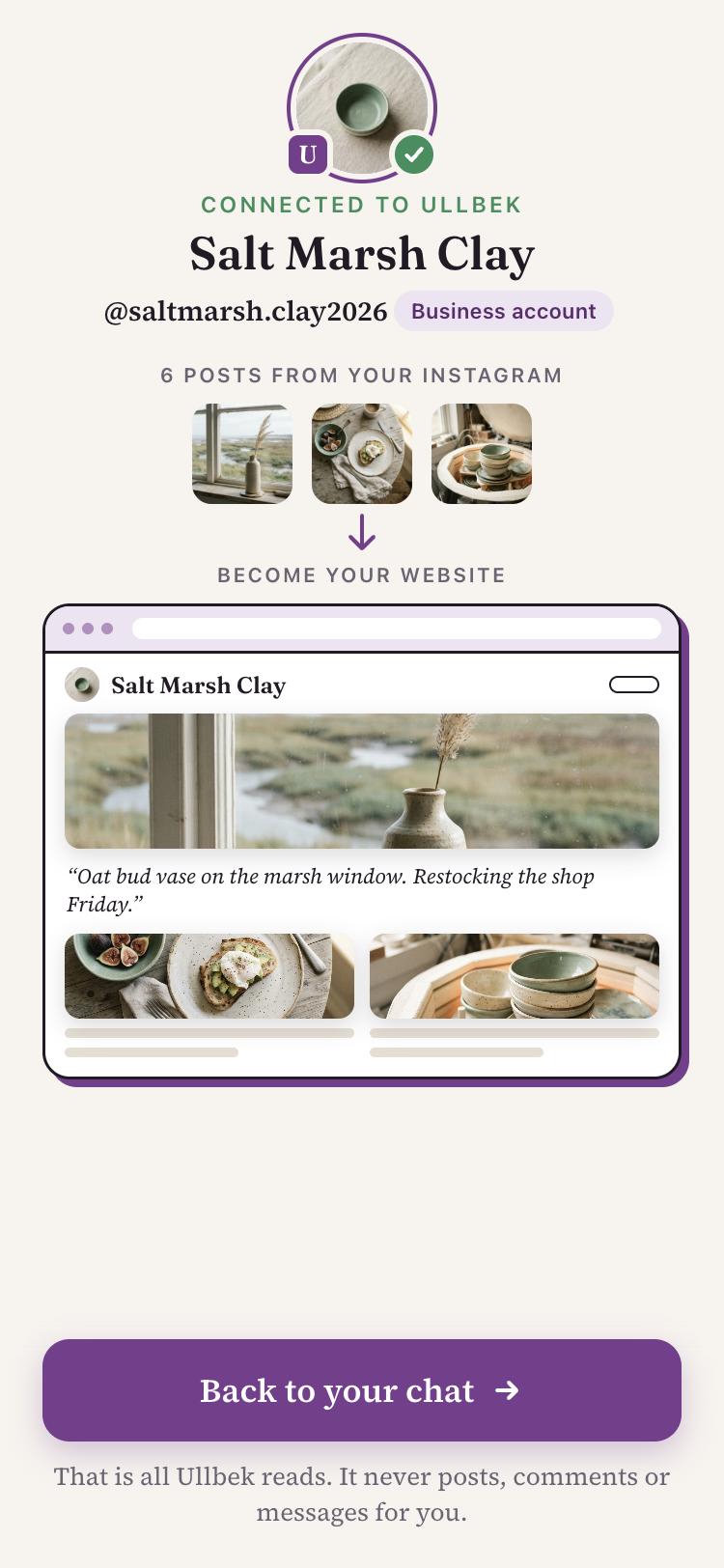 The Connected page showing six posts from the maker's Instagram flowing into a small website frame