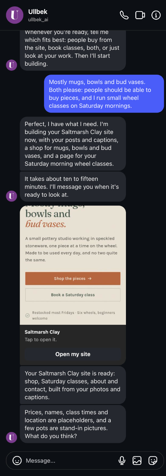 Later in the same chat: Ullbek says it is building the site and will message when it's ready, then a card with a picture of the finished site and an Open my site button