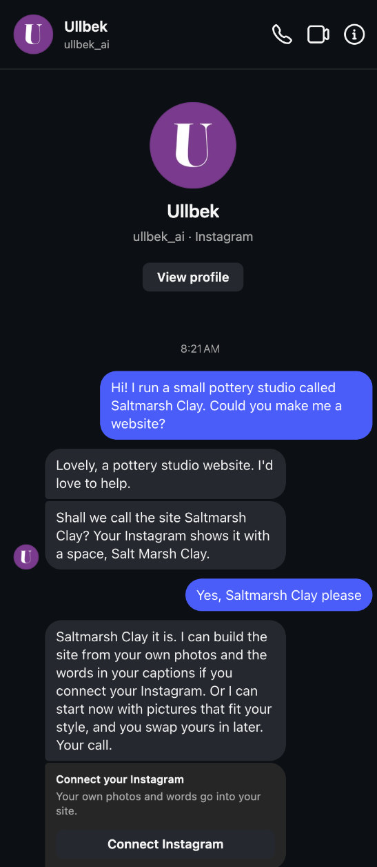 An Instagram chat with Ullbek: the maker asks for a pottery website, Ullbek confirms the site's name, then offers to build from their own photos with a Connect Instagram card