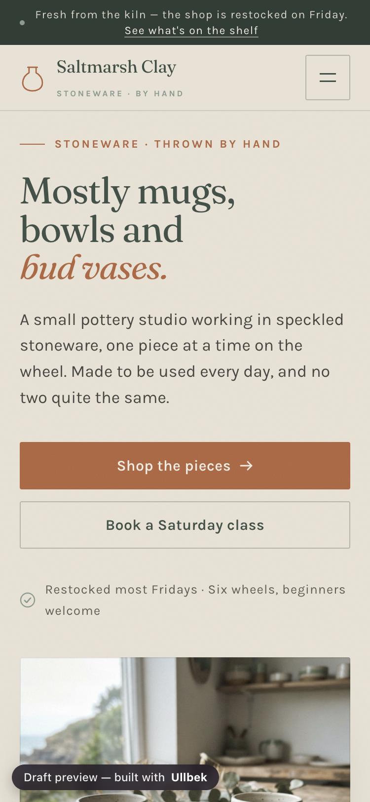 The home page of the pottery studio's site on a phone: the headline Mostly mugs, bowls and bud vases, a short welcome, and buttons to shop the pieces or book a Saturday class