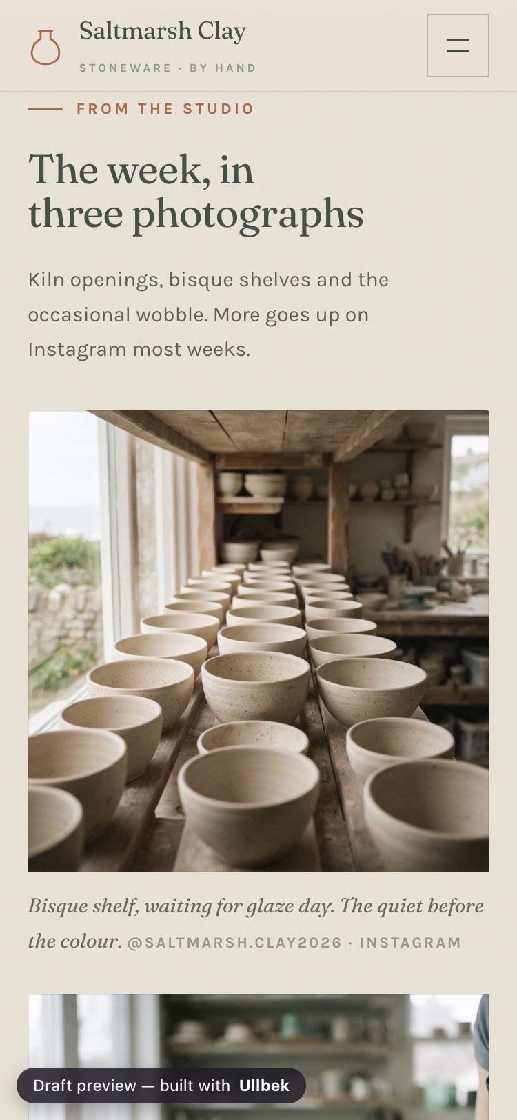 A section of a pottery studio's website titled The week, in three photographs, showing the maker's own Instagram photo of bisque bowls on a shelf with their caption beneath it, credited to their Instagram