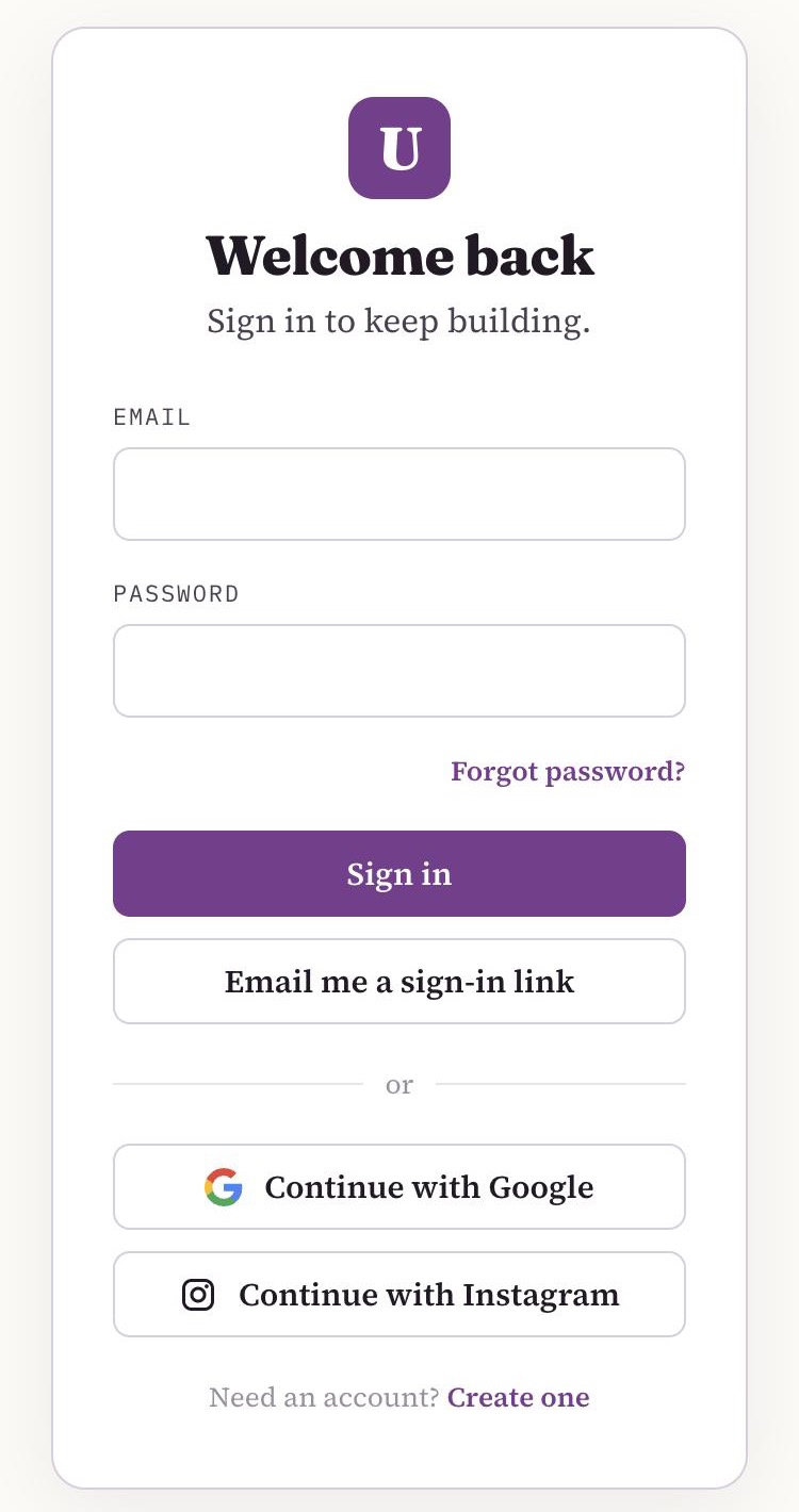 The Ullbek login page on a phone: email and password fields, a Sign in button, Email me a sign-in link, and Continue with Google and Continue with Instagram buttons