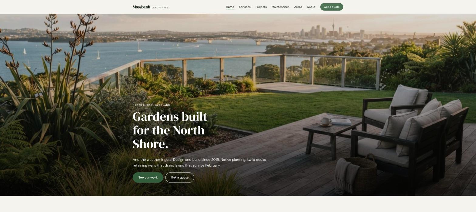 Mossbank Landscapes homepage: a finished native garden with a timber deck at golden hour, the headline about gardens for Auckland's North Shore, and See our work and Get a quote buttons