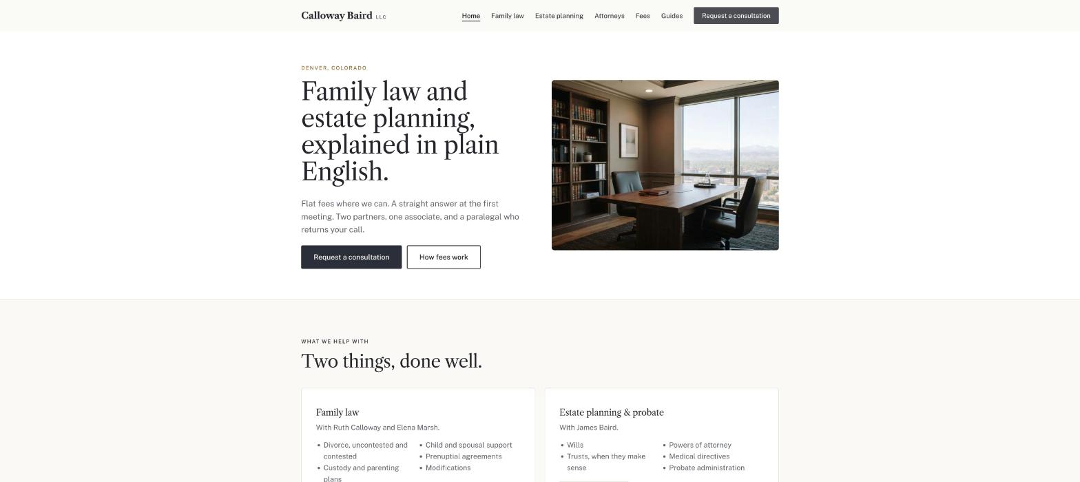 Calloway Baird homepage: a restrained portrait of two attorneys beside the headline about family law and estates in Denver, and a Request a consultation button