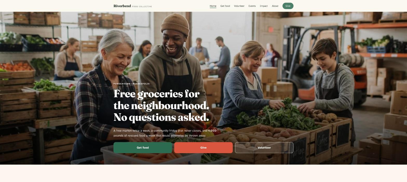 Riverbend Food Collective homepage: volunteers sorting produce in a bright warehouse, the headline about free groceries in the Powderhorn neighbourhood, and Get food, Give and Volunteer buttons