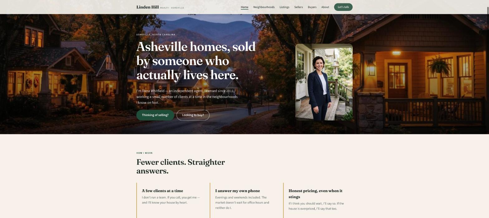Linden Hill Realty homepage: a mountain-town street at dusk with the agent's portrait, the headline about Asheville neighbourhoods, and Thinking of selling and Looking to buy buttons
