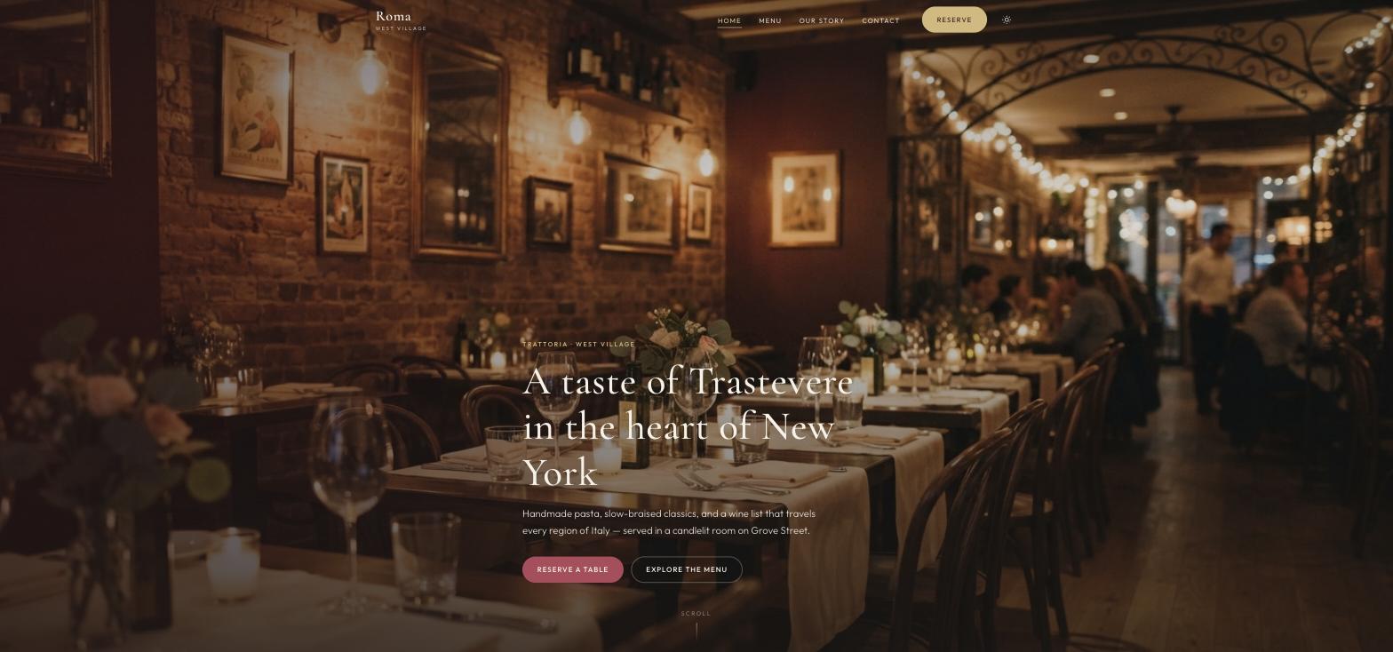 Roma homepage: a candlelit dining room with the headline 'A taste of Trastevere in the heart of New York' and Reserve and Menu buttons