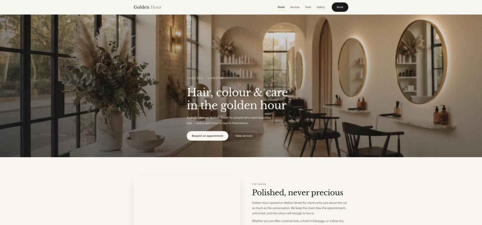 Golden Hour homepage: a sunlit salon with round mirrors and the headline 'Hair, colour & care in the golden hour' with Request an appointment and View services buttons