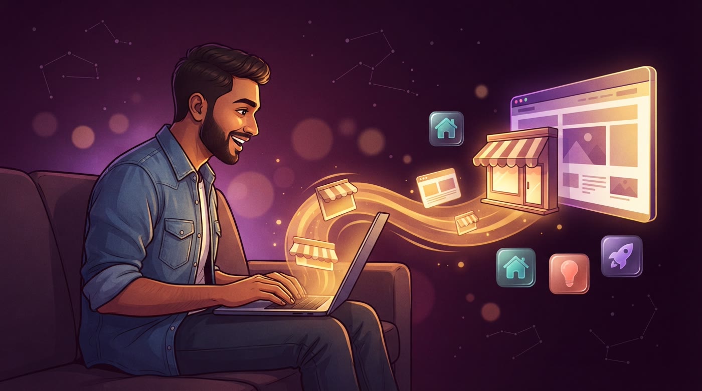 Illustration: a man on a sofa with his laptop builds a website for a little shopfront, and the finished site rises beside it.