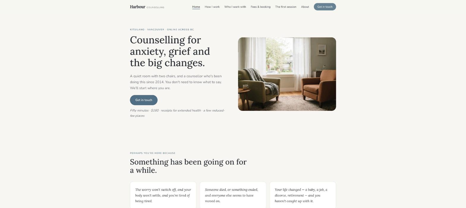 Harbour Counselling homepage: a quiet daylit room with two chairs, the headline about counselling for anxiety, grief and change in Vancouver, and a Get in touch button