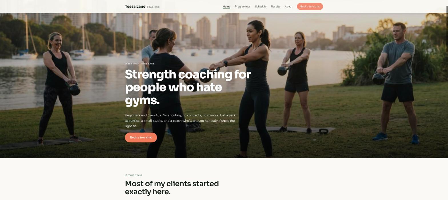 Tessa Lane Coaching homepage: a coach at a riverside park at sunrise, the headline about strength for people who hate gyms, and a Book a free chat button