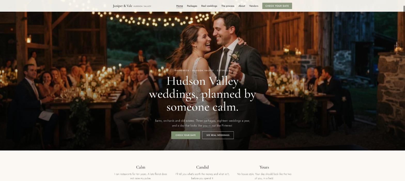 Juniper & Vale homepage: a couple under a barn's string lights at dusk, the headline about Hudson Valley weddings, and Check your date and See real weddings buttons