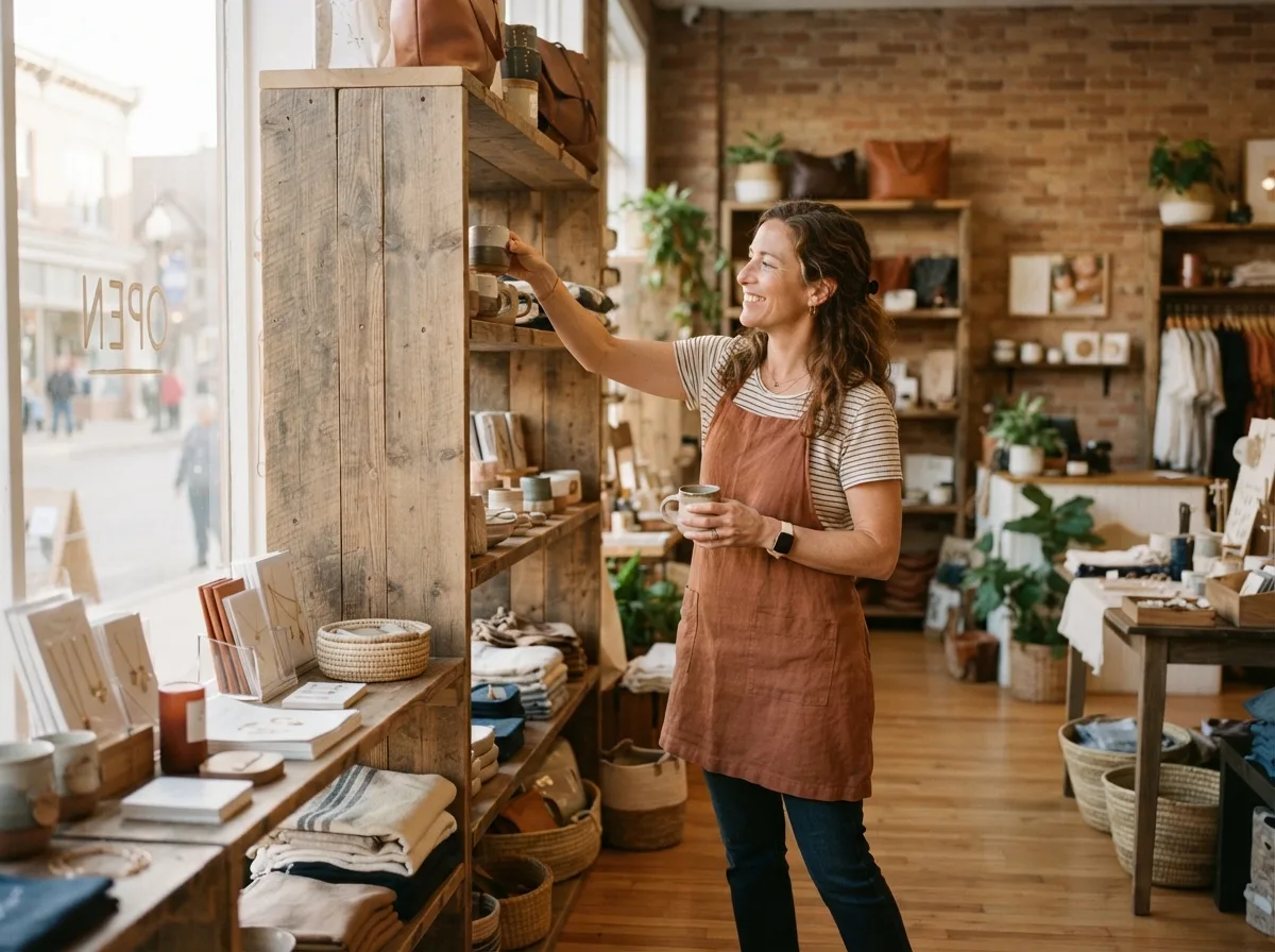 Boutique shop owner smiling as she arranges handmade goods on wooden shelves by the storefront window