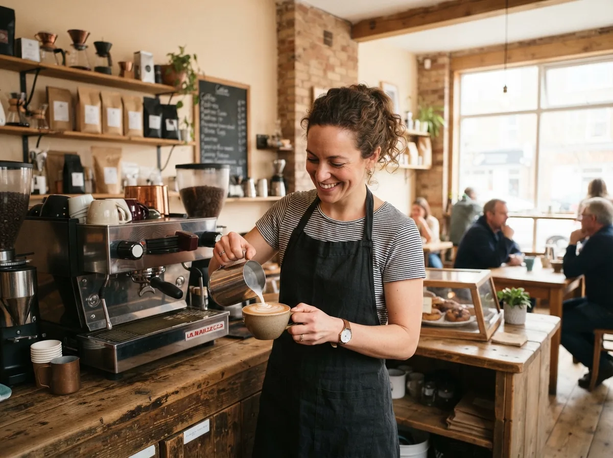 Cafe owner pouring latte art behind a wooden counter in a cozy neighbourhood coffee shop