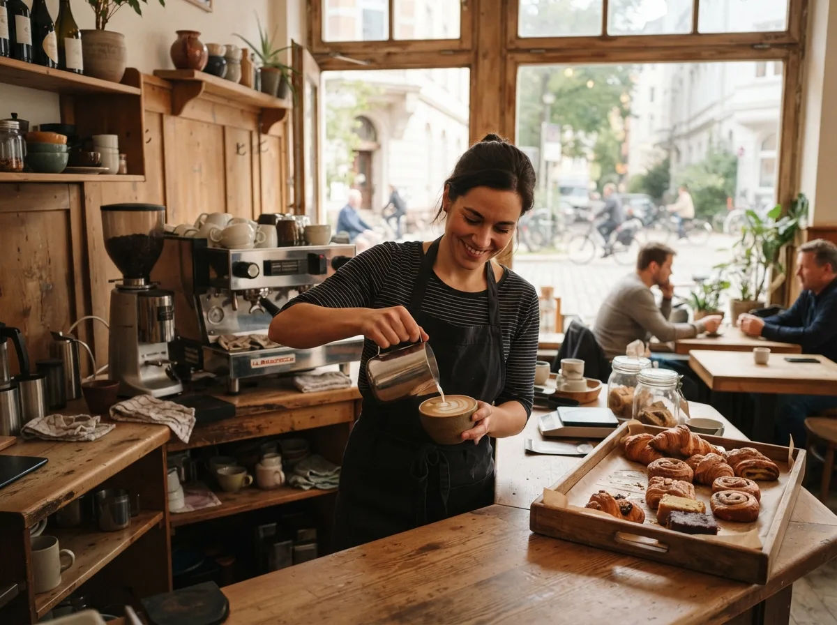 Café-Inhaberin gießt Latte Art hinter einer Holztheke in einem gemütlichen deutschen Nachbarschaftscafé
