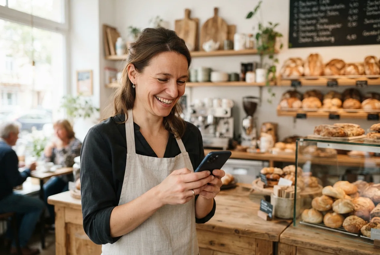Bäckerei-Inhaberin lächelt in ihrem hellen Laden, während sie eine neue Kundennachricht auf dem Handy liest