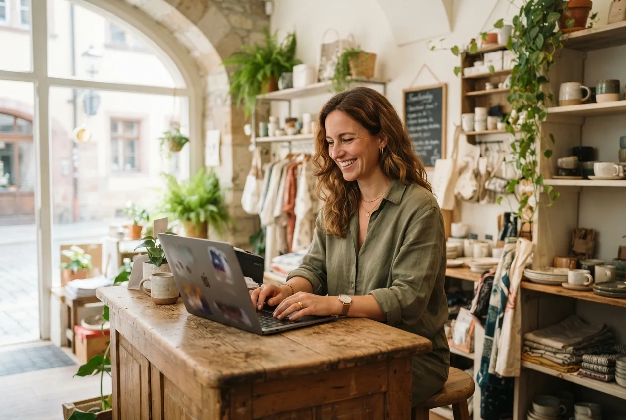 Kleinunternehmerin lächelt an einem Laptop auf der Theke ihrer hellen Boutique mit Blick auf eine deutsche Gasse