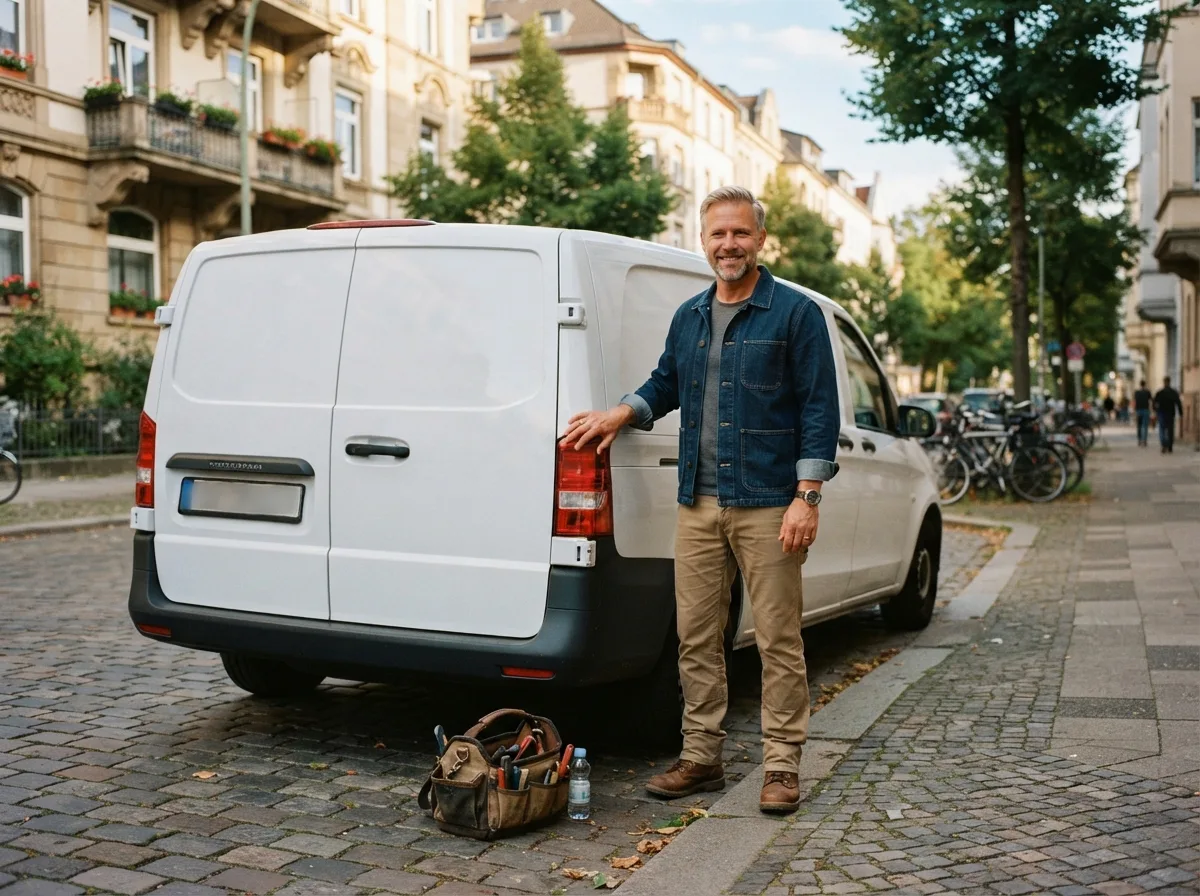 Freundlicher Handwerker neben einem unbeschrifteten weißen Servicewagen in einer deutschen Altbaustraße mit Kopfsteinpflaster