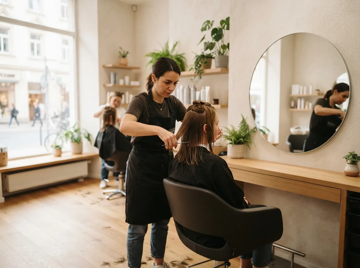 Friseurin schneidet in einem hellen deutschen Friseursalon sorgfältig die Haare einer Kundin