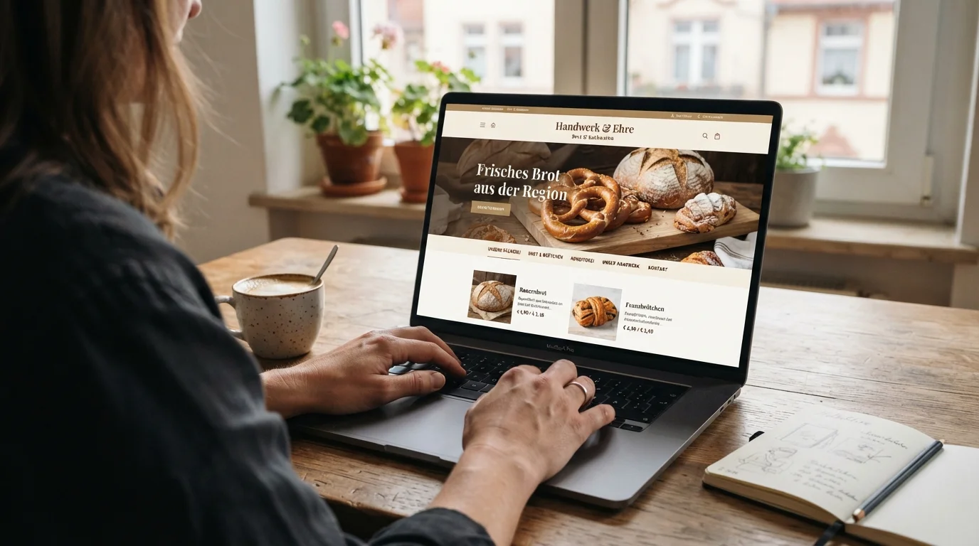Hände an einem Laptop: scharfe Ansicht einer professionellen deutschen Bäckerei-Website mit Brezeln im Hero, Kaffeetasse und Morgenlicht