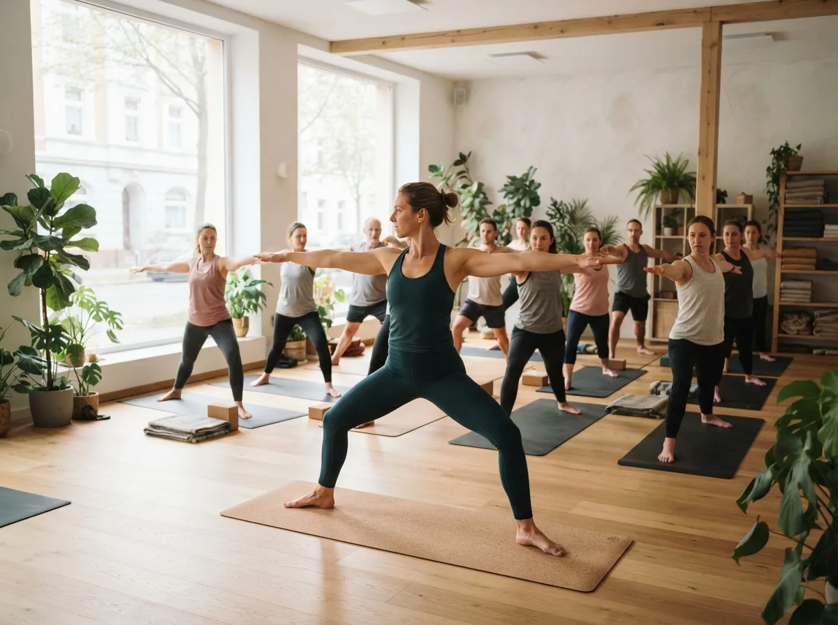 Yogalehrerin leitet in einem hellen Studio mit Blick auf eine europäische Straße eine Klasse in der Kriegerhaltung