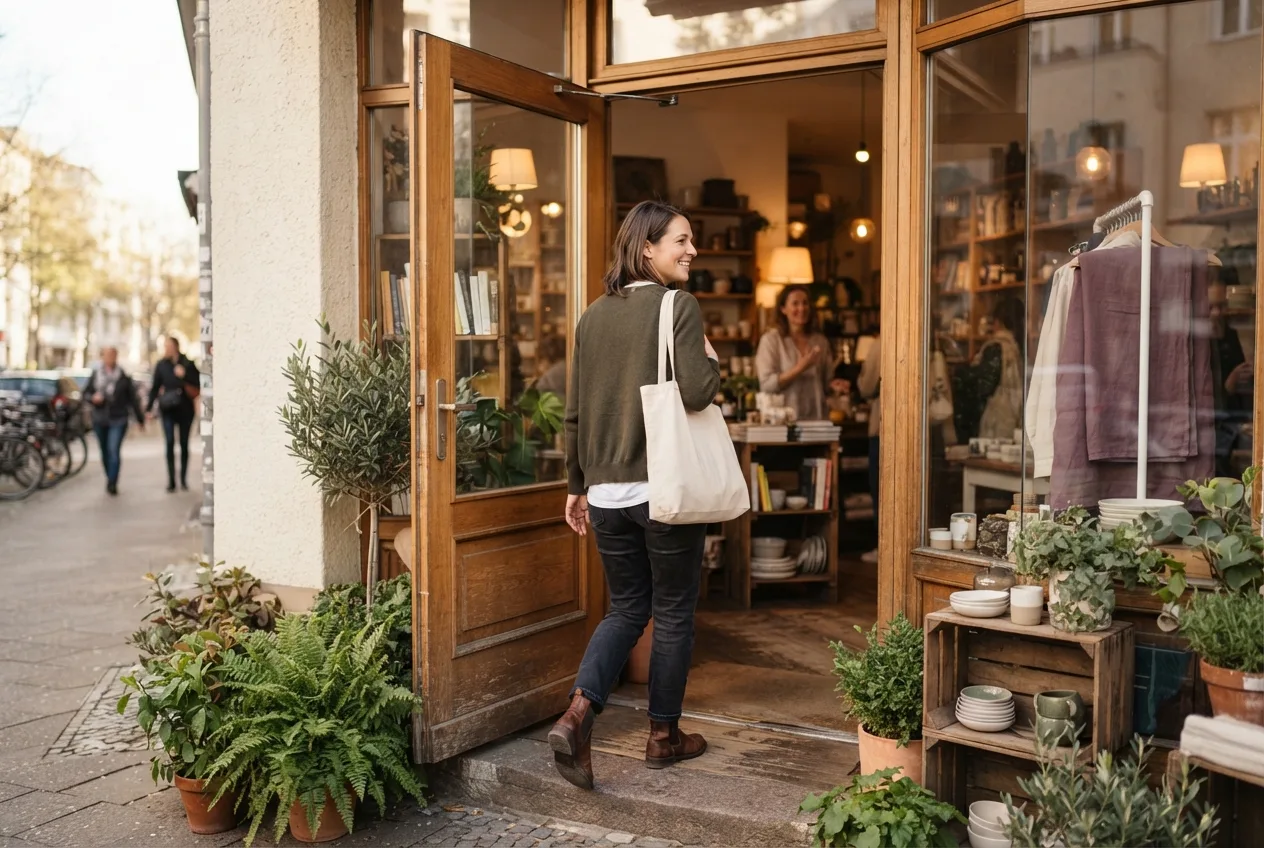Customer walking into a bright neighborhood shop, discovery becoming a visit