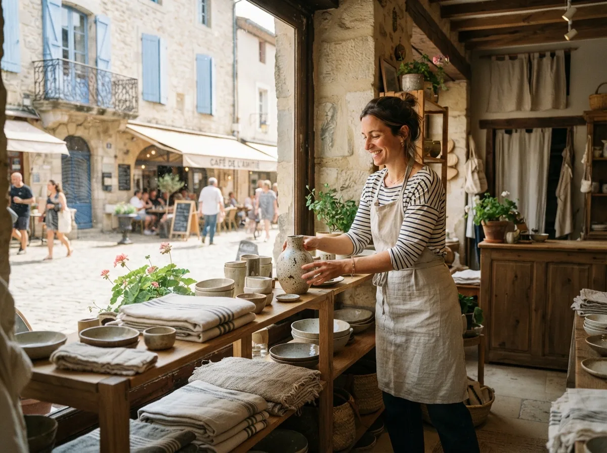 Commerçante souriante rangeant de la céramique dans une boutique avec vue sur une rue de village française