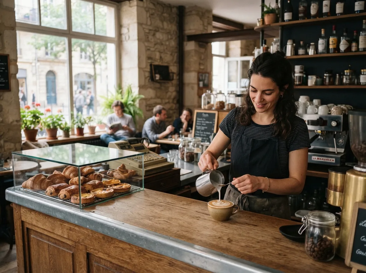 Gérante de café versant un latte art derrière un comptoir en bois dans un café de quartier français