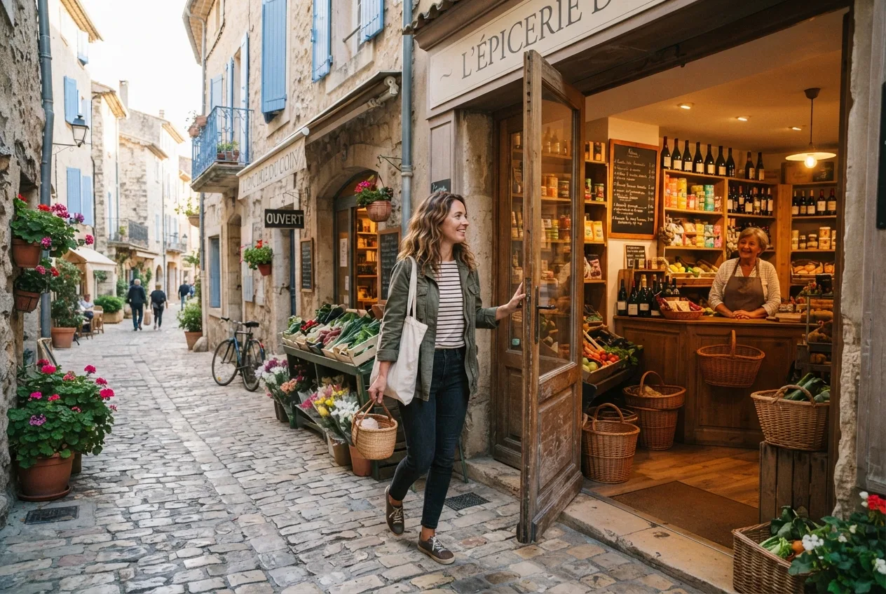 Cliente entrant dans une épicerie accueillante d’une rue de village française — la découverte devient une visite