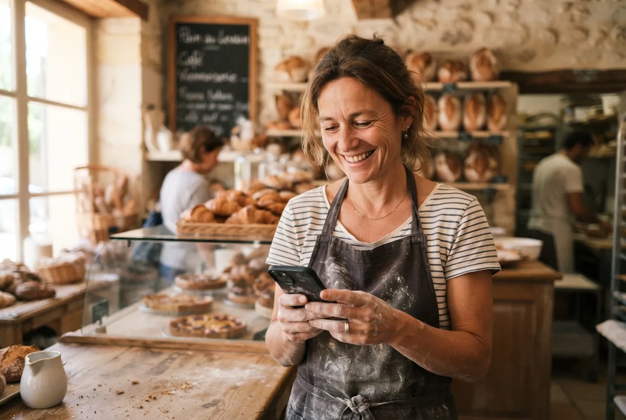 Boulangère souriante dans sa boutique lumineuse en lisant un nouveau message client sur son téléphone