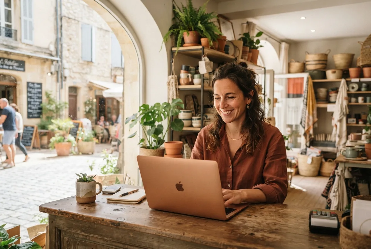 Commerçante souriante devant un ordinateur portable sur le comptoir de sa boutique lumineuse avec vue sur une rue française