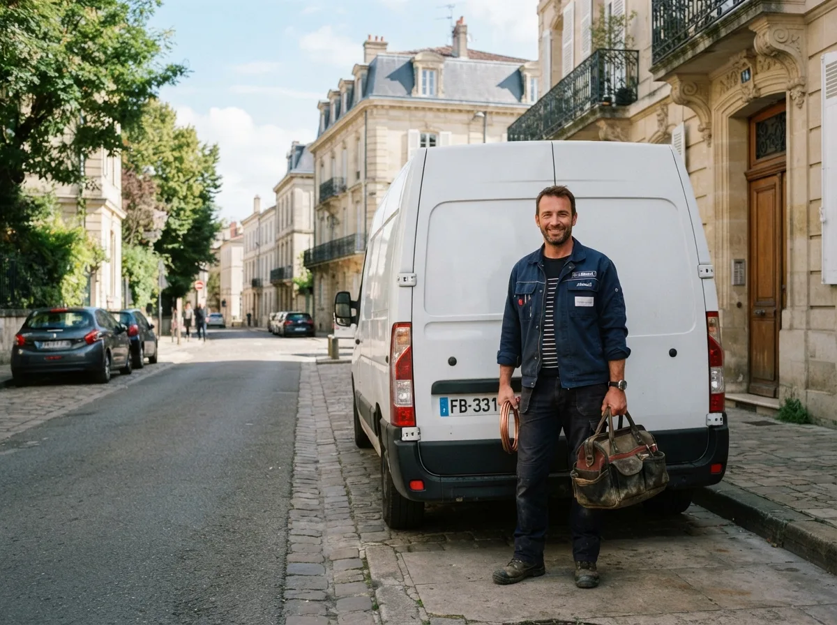 Plombier souriant à côté d’un utilitaire blanc non marqué dans une rue résidentielle française pavée
