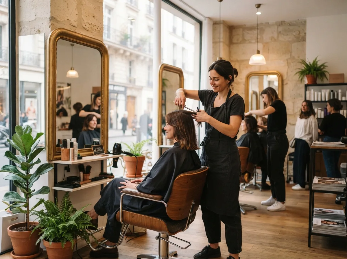 Coiffeuse coupant soigneusement les cheveux d’une cliente dans un salon de coiffure parisien lumineux