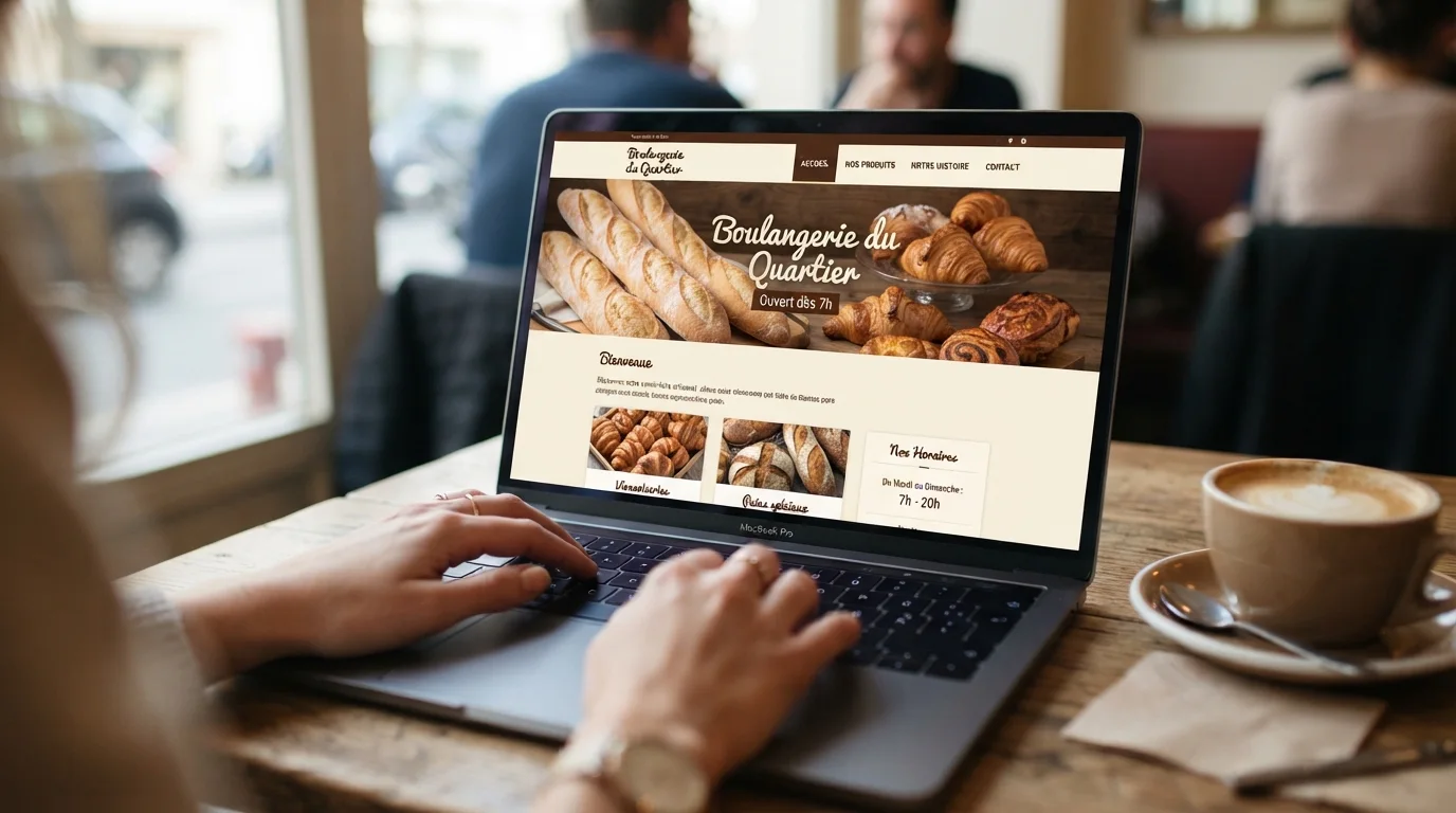 Mains sur un ordinateur portable : vue nette d’un site professionnel de boulangerie française avec baguettes en hero, tasse de café et lumière du matin