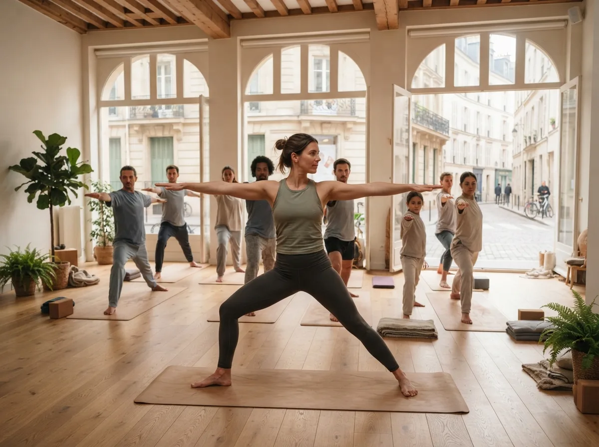 Professeure de yoga menant un cours en posture du guerrier dans un studio lumineux avec vue sur une rue européenne