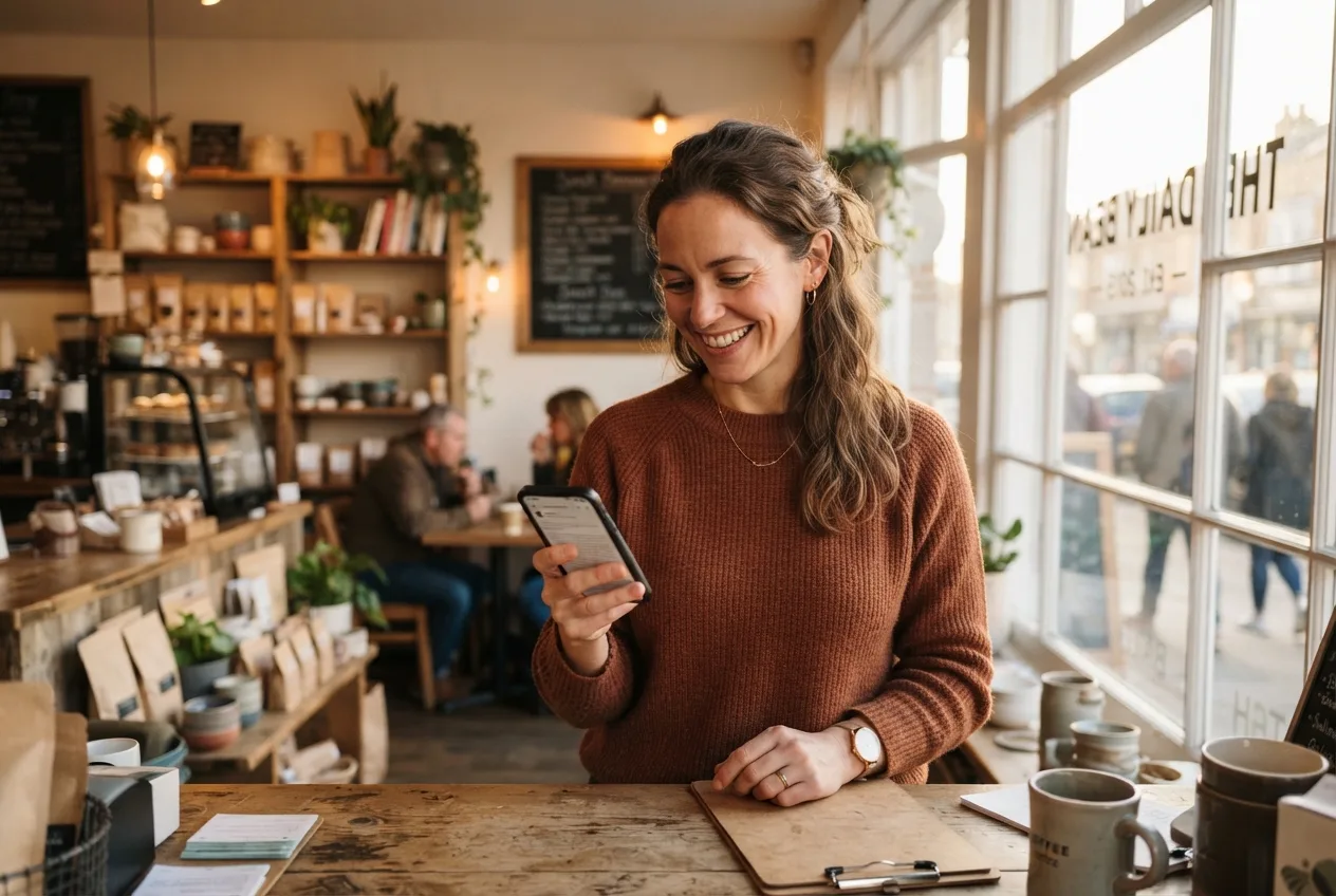 Small business owner smiling as she reads a new customer message on her phone inside her bright shop