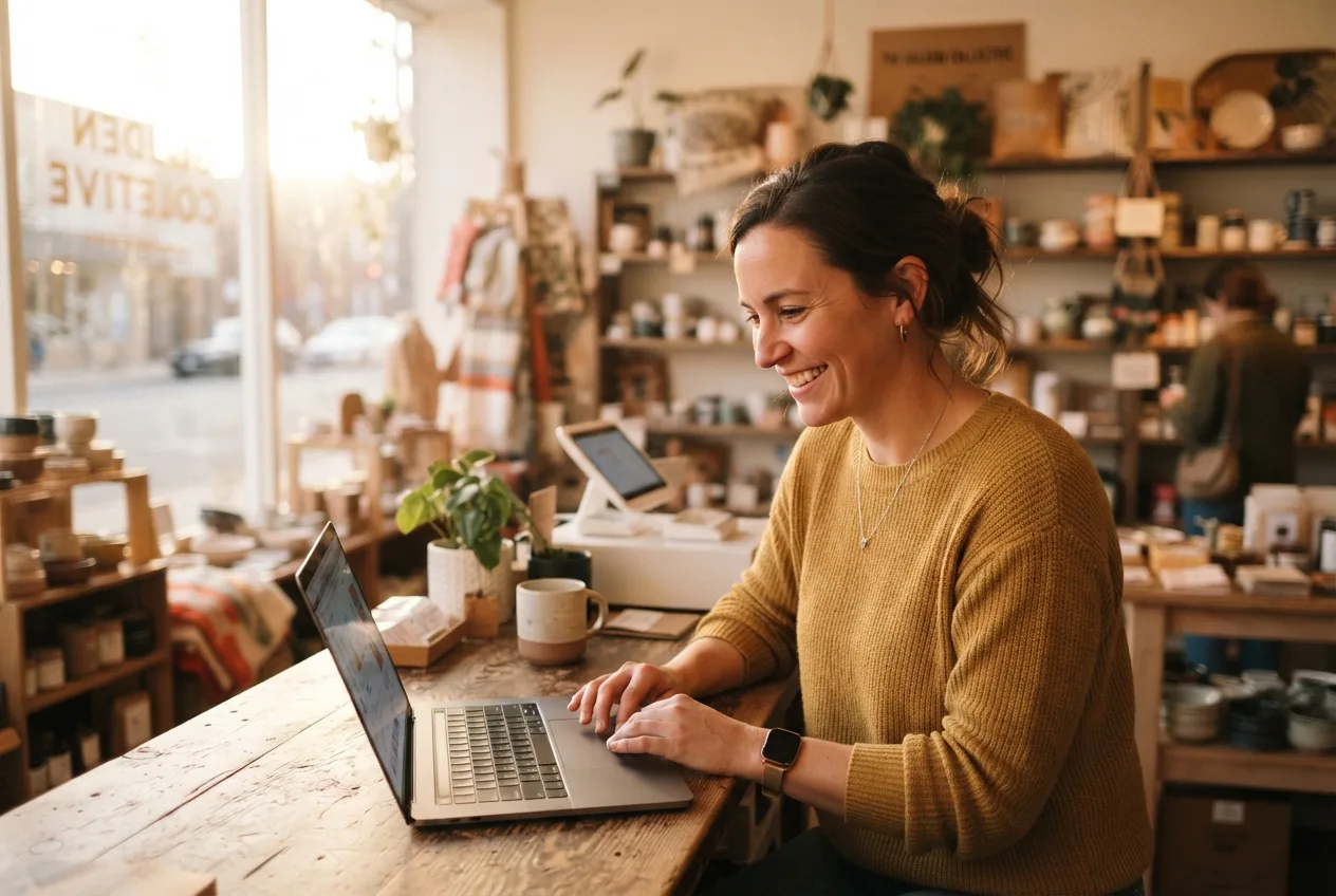 Small business owner smiling at a laptop on the counter of her bright, plant-filled boutique