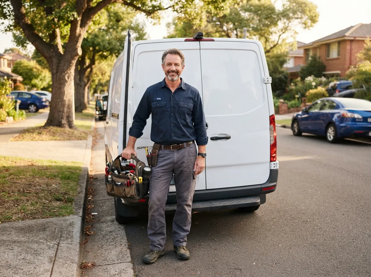 Friendly plumber standing beside a white service van on a sunny suburban street with a tool bag