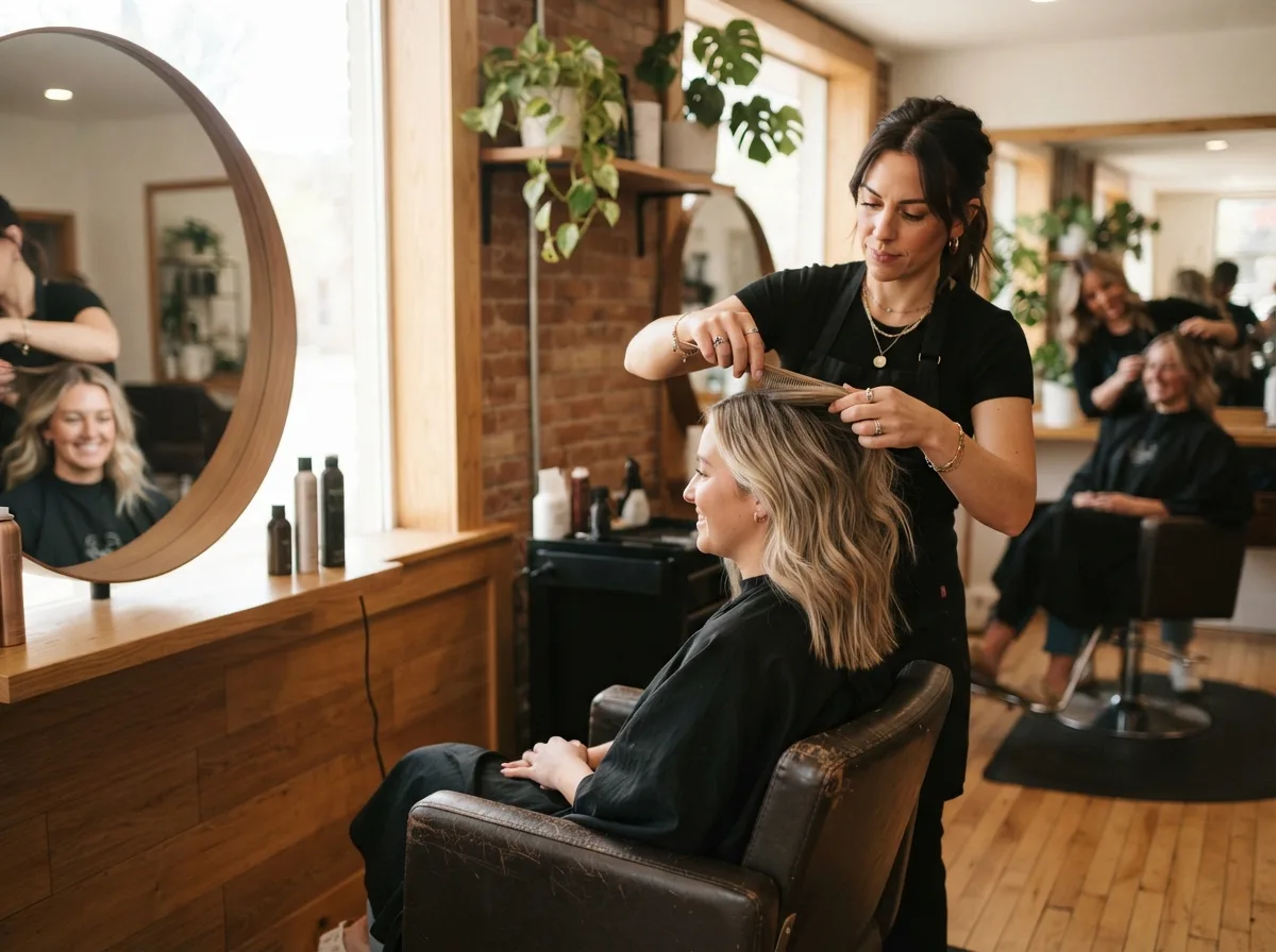 Salon stylist carefully cutting a client's hair in a bright, warm modern salon