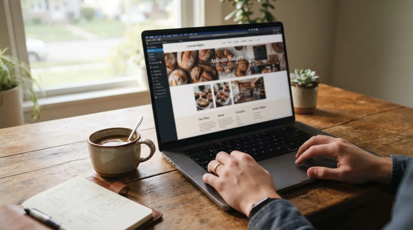 Hands at a laptop on a wooden desk as a warm bakery website takes shape on the screen, coffee cup nearby