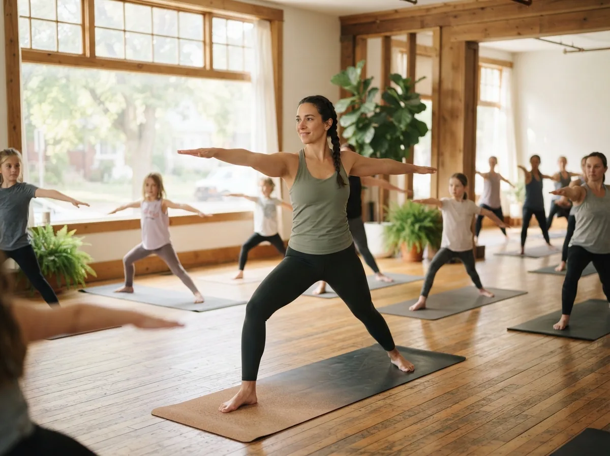 Yoga instructor leading a bright studio class in warrior pose