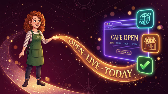 Cafe owner in their shop looking at their new website