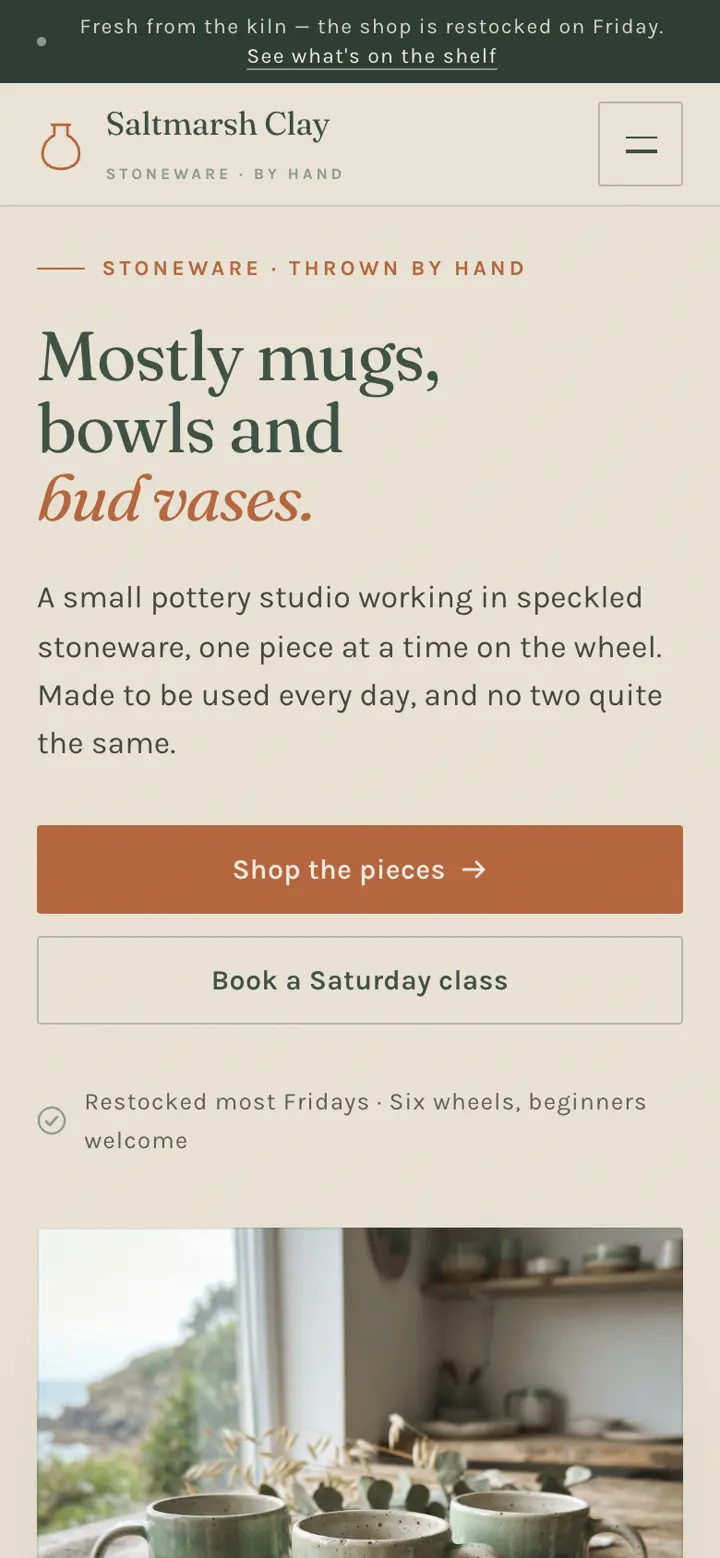 The website Ullbek built, on a phone: Saltmarsh Clay, ‘Mostly mugs, bowls and bud vases.’